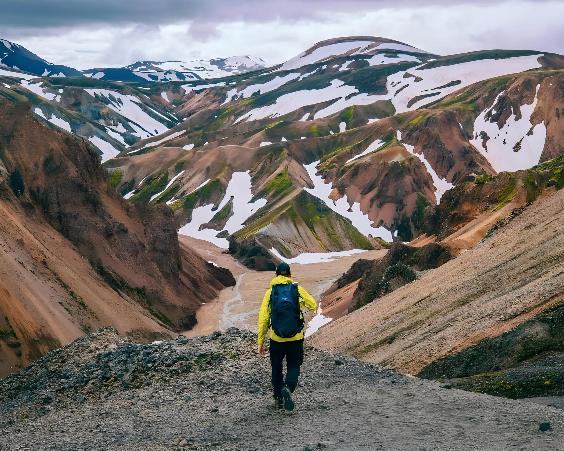 A trail winding through Iceland’s mountain valleys.
